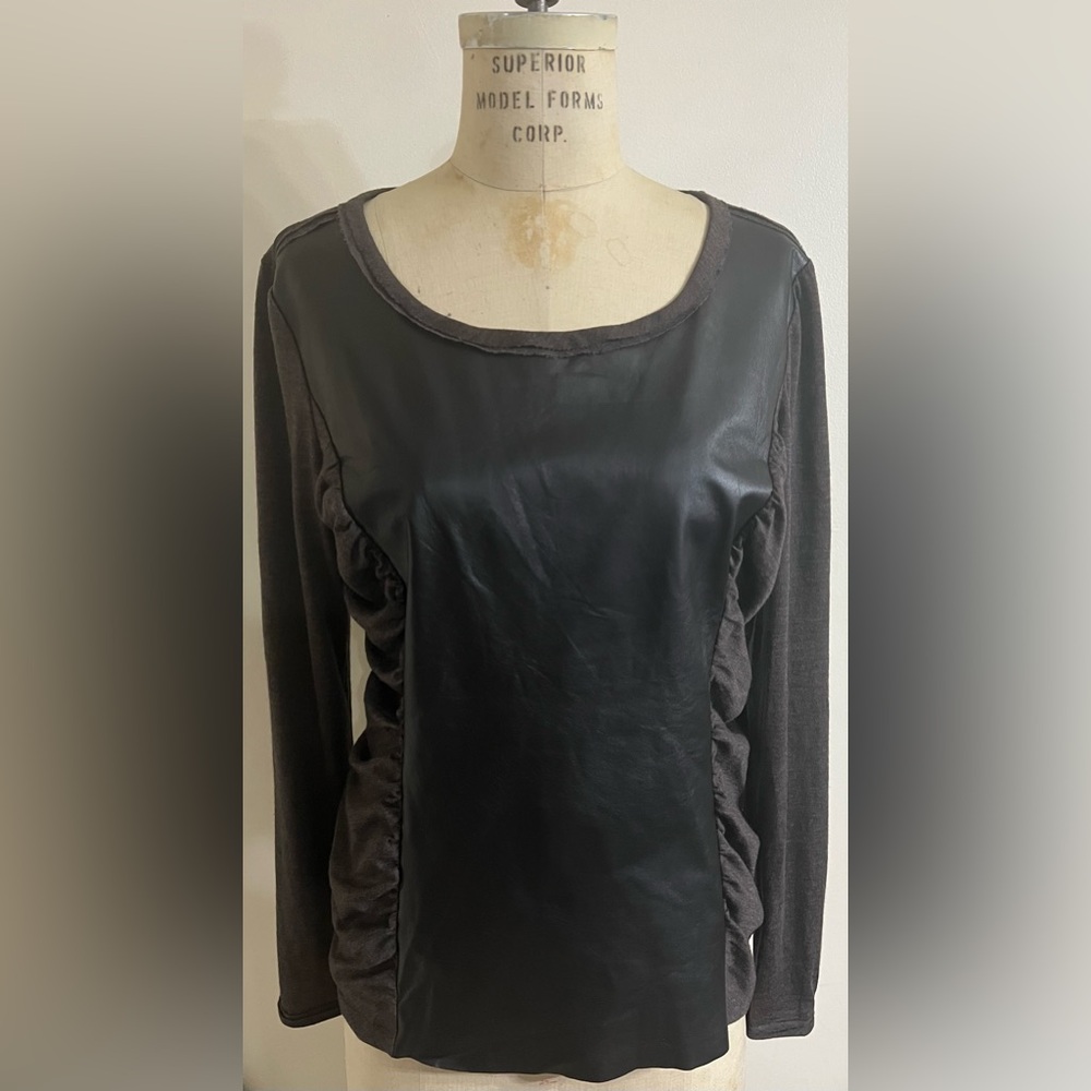 Lafayette 148 Brown Front Leather Panel w/Knit Long Sleeves & Back Top Size XL